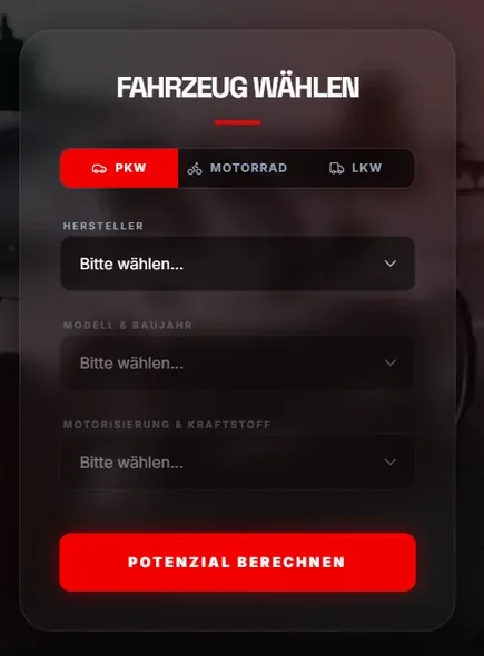 Detailansicht des Fahrzeug-Konfigurators: Tabs für PKW, Motorrad und LKW, darunter Auswahlfelder für Hersteller, Modell und Motorisierung sowie der Knopf „Potenzial berechnen“.