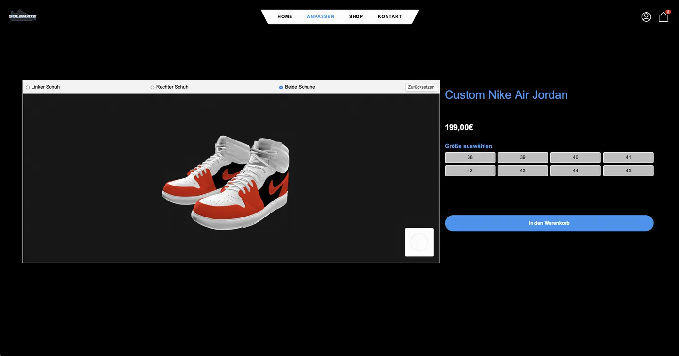 3D-Konfigurator von SoleMate: ein Custom Nike Air Jordan als 3D-Modell, daneben Größenauswahl, Preis und der Knopf „In den Warenkorb“; oben die Wahl zwischen linkem, rechtem oder beiden Schuhen.
