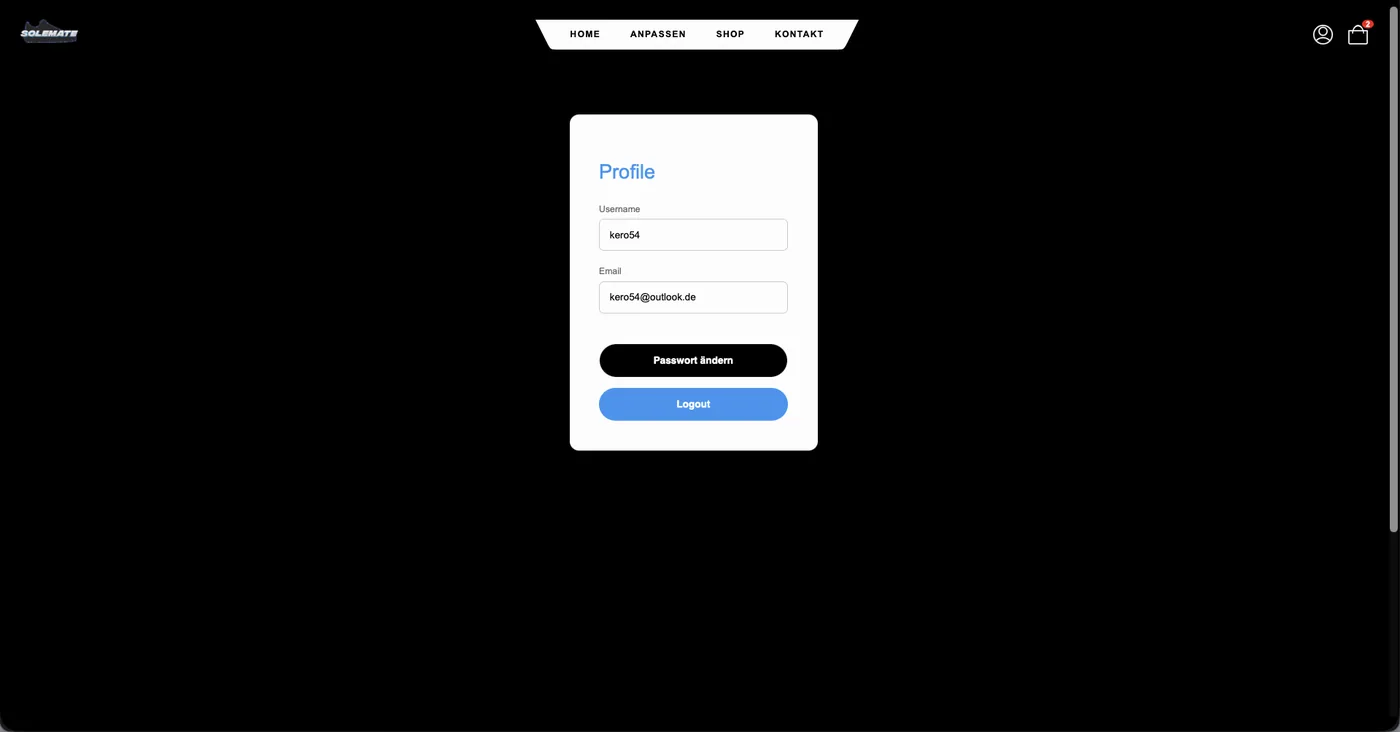 Login-Seite von SoleMate mit Feldern für E-Mail und Passwort.