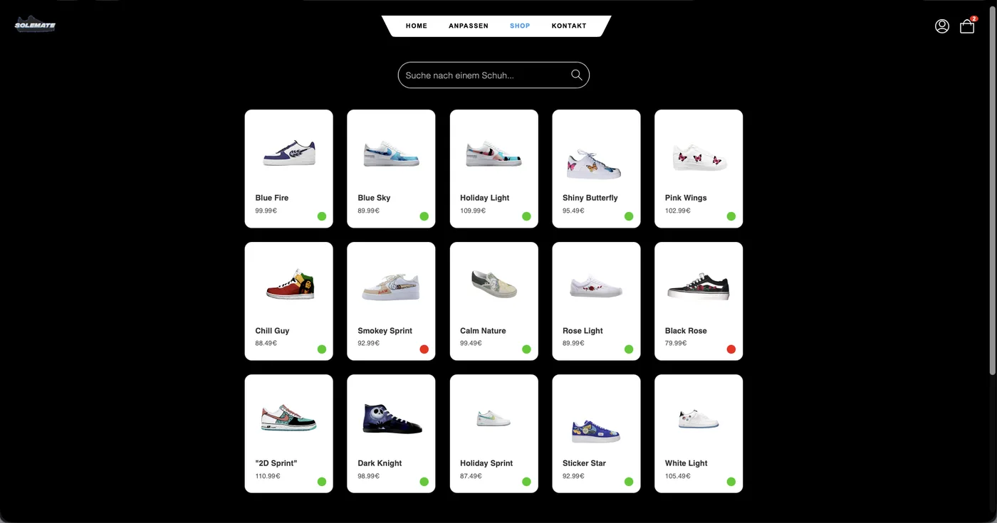 Shop-Übersicht von SoleMate: Suchfeld und Karten mit Sneaker-Designs, jeweils mit Name, Preis und Verfügbarkeitsanzeige.