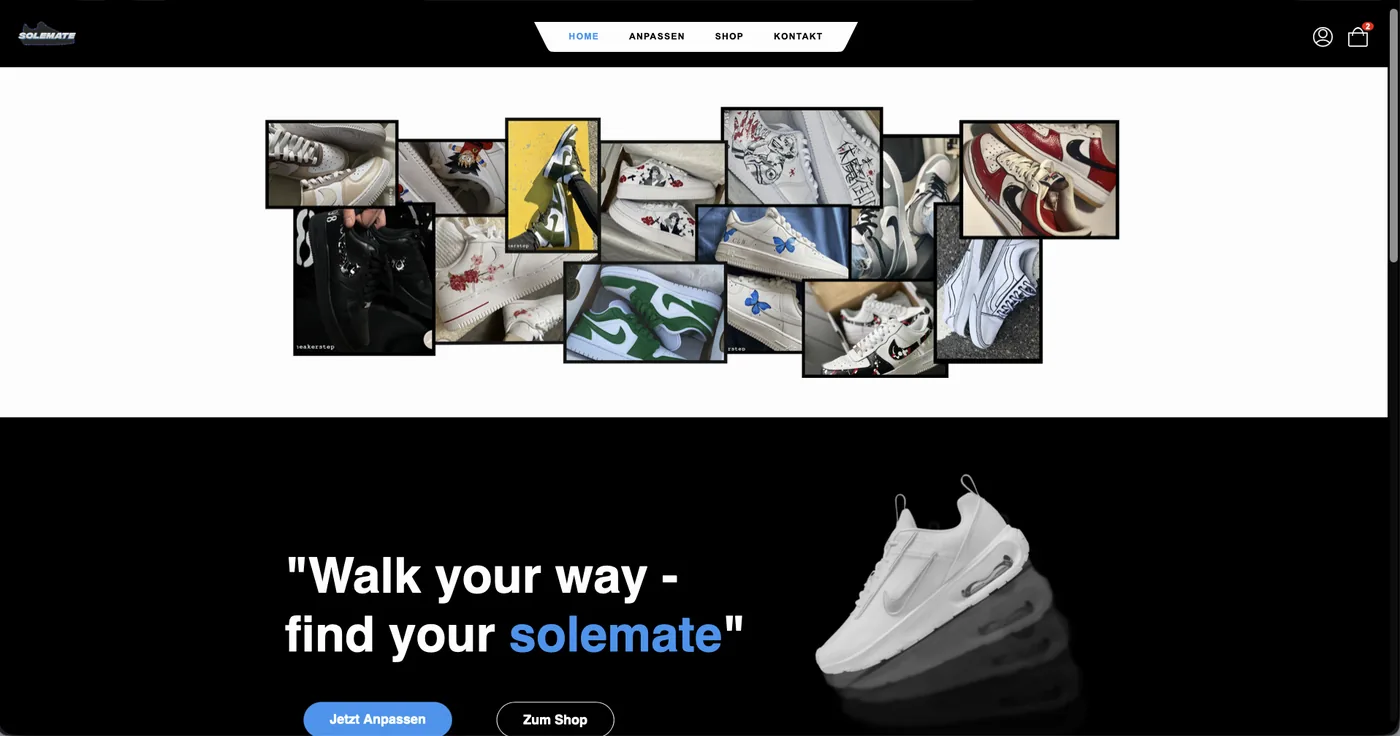 Startseite von SoleMate: Collage individuell gestalteter Sneaker mit dem Claim „Walk your way – find your solemate“.